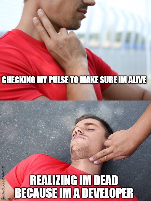 Developer pulse check | CHECKING MY PULSE TO MAKE SURE IM ALIVE; REALIZING IM DEAD BECAUSE IM A DEVELOPER | image tagged in developer,pulse,heartbeat | made w/ Imgflip meme maker