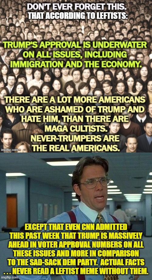 The 'effectiveness' of leftist propaganda depends on the stupidity or ignorance of Dem voters. | THAT ACCORDING TO LEFTISTS:; EXCEPT THAT EVEN CNN ADMITTED THIS PAST WEEK THAT TRUMP IS MASSIVELY AHEAD IN VOTER APPROVAL NUMBERS ON ALL THESE ISSUES AND MORE IN COMPARISON TO THE SAD-SACK DEM PARTY.  ACTUAL FACTS . . . NEVER READ A LEFTIST MEME WITHOUT THEM. | image tagged in that would be great | made w/ Imgflip meme maker