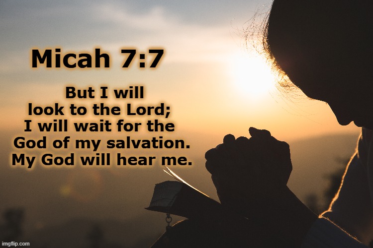 Micah 7:7 | But I will look to the Lord; 
I will wait for the 
God of my salvation.
My God will hear me. Micah 7:7 | image tagged in prayer,god hears,wait on god,salvation,waiting,pray | made w/ Imgflip meme maker