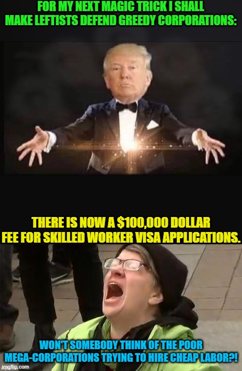 Shazam! | FOR MY NEXT MAGIC TRICK I SHALL MAKE LEFTISTS DEFEND GREEDY CORPORATIONS:; THERE IS NOW A $100,000 DOLLAR FEE FOR SKILLED WORKER VISA APPLICATIONS. WON'T SOMEBODY THINK OF THE POOR MEGA-CORPORATIONS TRYING TO HIRE CHEAP LABOR?! | image tagged in magic trump | made w/ Imgflip meme maker