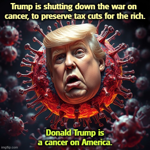 Donald Trump is a cancer on America. | Trump is shutting down the war on 

cancer, to preserve tax cuts for the rich. Donald Trump is a cancer on America. | image tagged in donald trump is a cancer on america,trump,cancer,tax cuts for the rich | made w/ Imgflip meme maker