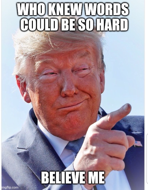 Trump pointing | WHO KNEW WORDS 
COULD BE SO HARD BELIEVE ME | image tagged in trump pointing | made w/ Imgflip meme maker