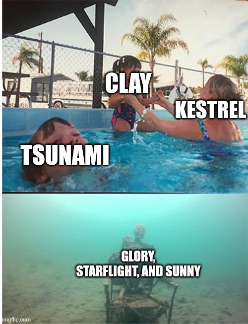 The Dragonets of Destiny | CLAY; KESTREL; TSUNAMI; GLORY, STARFLIGHT, AND SUNNY | image tagged in child drowning in pool | made w/ Imgflip meme maker
