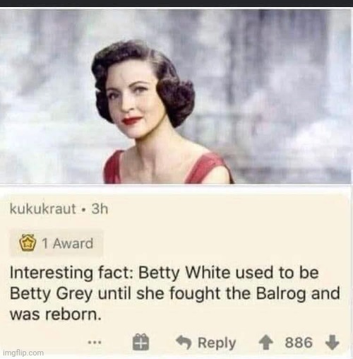 From the lowest dungeon to the highest peak, she fought him, a Balrog of Morgoth! | image tagged in betty white,lotr | made w/ Imgflip meme maker