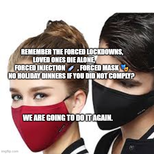 Mask Couple | REMEMBER THE FORCED LOCKDOWNS, LOVED ONES DIE ALONE,              FORCED INJECTION 💉 , FORCED MASK 🎭 NO HOLIDAY DINNERS IF YOU DID NOT COMPLY? WE ARE GOING TO DO IT AGAIN. | image tagged in mask couple | made w/ Imgflip meme maker