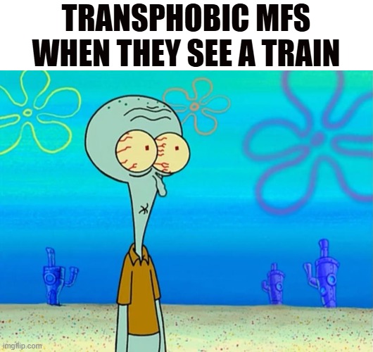 Scared Squidward | TRANSPHOBIC MFS WHEN THEY SEE A TRAIN | image tagged in scared squidward | made w/ Imgflip meme maker