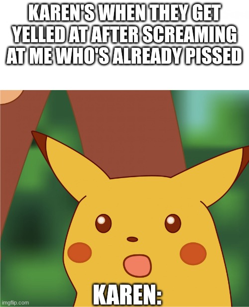 facts be like: | KAREN'S WHEN THEY GET YELLED AT AFTER SCREAMING AT ME WHO'S ALREADY PISSED; KAREN: | image tagged in surprised pikachu high quality | made w/ Imgflip meme maker