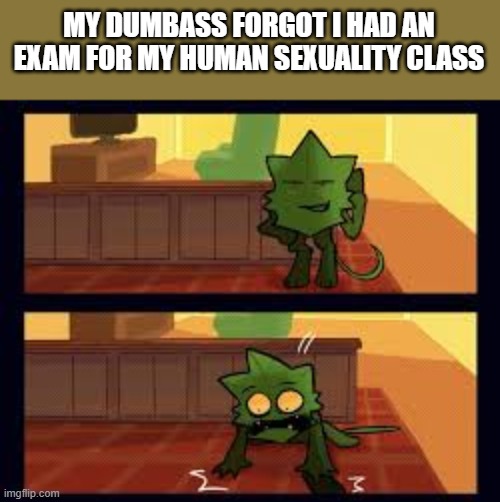 i have 2 hours to study | MY DUMBASS FORGOT I HAD AN EXAM FOR MY HUMAN SEXUALITY CLASS | image tagged in minty panic | made w/ Imgflip meme maker