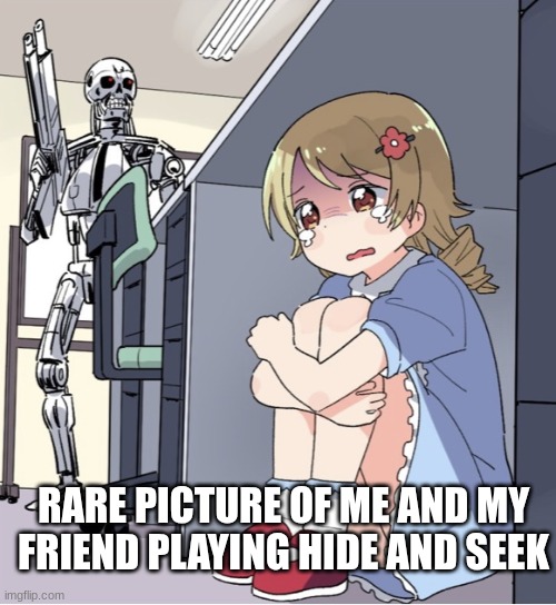 rare picture | RARE PICTURE OF ME AND MY FRIEND PLAYING HIDE AND SEEK | image tagged in anime girl hiding from terminator | made w/ Imgflip meme maker