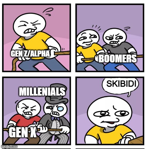 I knew you was gonna say that | GEN Z/ALPHA; BOOMERS; SKIBIDI; MILLENIALS; GEN X | image tagged in stonetoss tug of war,skibidi,msmg,funny | made w/ Imgflip meme maker