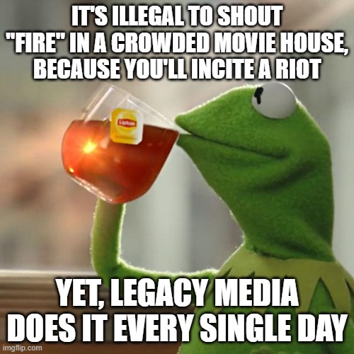 But That's None Of My Business | IT'S ILLEGAL TO SHOUT "FIRE" IN A CROWDED MOVIE HOUSE, BECAUSE YOU'LL INCITE A RIOT; YET, LEGACY MEDIA DOES IT EVERY SINGLE DAY | image tagged in memes,but that's none of my business,kermit the frog | made w/ Imgflip meme maker