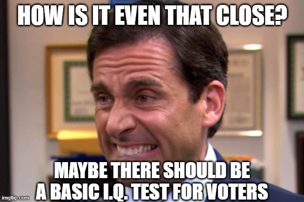 Cringe | HOW IS IT EVEN THAT CLOSE? MAYBE THERE SHOULD BE A BASIC I.Q. TEST FOR VOTERS | image tagged in cringe | made w/ Imgflip meme maker