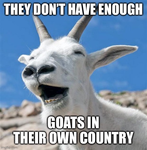 Laughing Goat Meme | THEY DON’T HAVE ENOUGH GOATS IN THEIR OWN COUNTRY | image tagged in memes,laughing goat | made w/ Imgflip meme maker