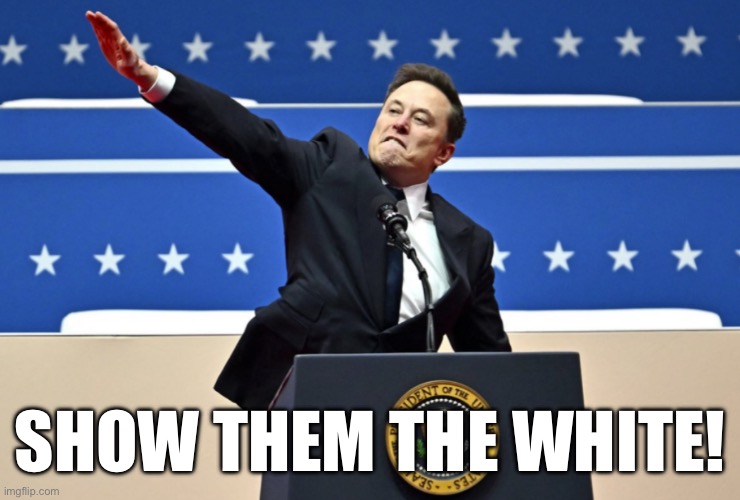 Nazi Elon | SHOW THEM THE WHITE! | image tagged in nazi elon | made w/ Imgflip meme maker