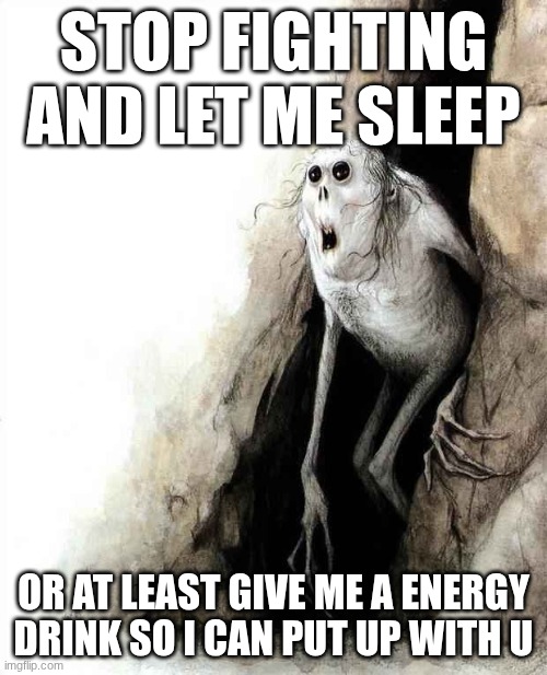 STOP FIGHTING AND LET ME SLEEP; OR AT LEAST GIVE ME A ENERGY DRINK SO I CAN PUT UP WITH U | made w/ Imgflip meme maker