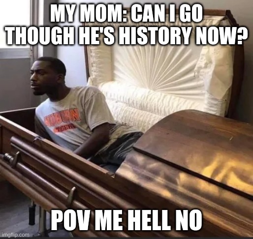 history | MY MOM: CAN I GO THOUGH HE'S HISTORY NOW? POV ME HELL NO | image tagged in coffin | made w/ Imgflip meme maker