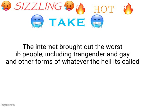 calling them people is difficult | The internet brought out the worst ib people, including trangender and gay and other forms of whatever the hell its called | image tagged in sizzling hot take | made w/ Imgflip meme maker