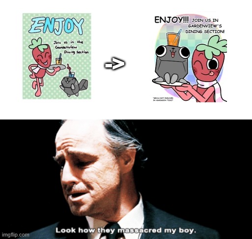 the silliness... gone... all gone... | -> | image tagged in look how they massacred my boy,dandy's world,oldhead | made w/ Imgflip meme maker