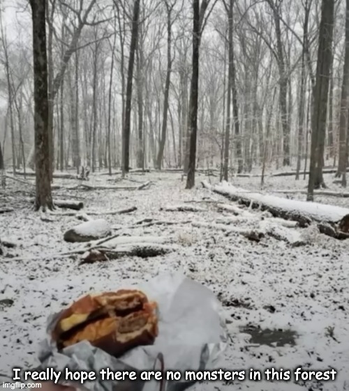 Eating a baconator in the woods | I really hope there are no monsters in this forest | made w/ Imgflip meme maker