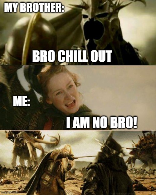 I AM NO BRO | MY BROTHER:; BRO CHILL OUT; ME:; I AM NO BRO! | image tagged in i am no man,i am no bro,relatable,happens all the time,eowyn vs witch king of angmar | made w/ Imgflip meme maker