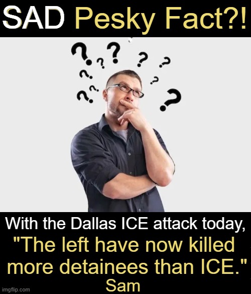 Stop the Violence! Deportation Does Not & Should Not Include Death! | SAD Pesky Fact?! SAD; With the Dallas ICE attack today, "The left have now killed 
more detainees than ICE."; Sam | image tagged in deportation,dallas,violence,criminal,leftists,law and order | made w/ Imgflip meme maker