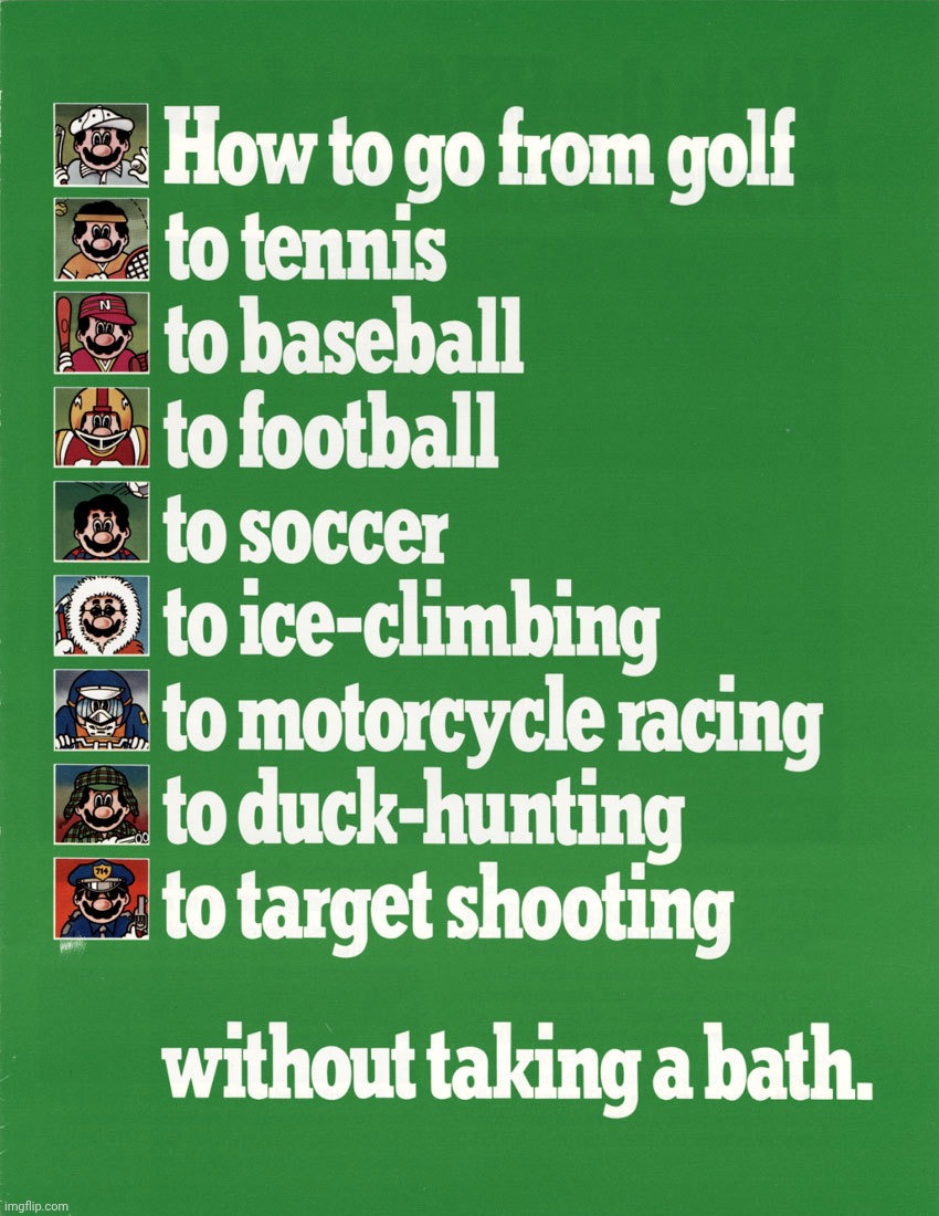 1984 flyer for the Nintendo Vs. System arcade cabinet, featuring Mario in various outfits. | made w/ Imgflip meme maker