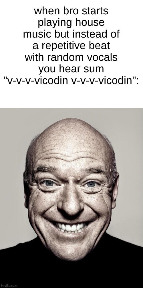 dean norris | when bro starts playing house music but instead of a repetitive beat with random vocals you hear sum "v-v-v-vicodin v-v-v-vicodin": | image tagged in dean norris | made w/ Imgflip meme maker