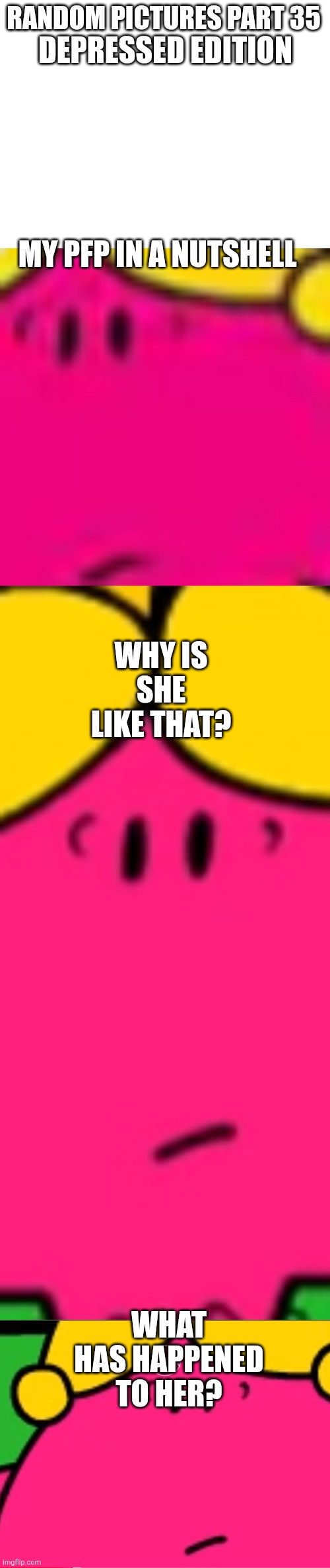 What has happened to her? | RANDOM PICTURES PART 35; DEPRESSED EDITION; MY PFP IN A NUTSHELL; WHY IS SHE LIKE THAT? WHAT HAS HAPPENED TO HER? | image tagged in sad,depression,mr men,little miss,depressed,oh wow are you actually reading these tags | made w/ Imgflip meme maker