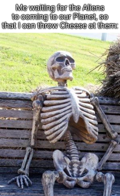I'm pretty sure some people understand this reference. | Me waiting for the Aliens to coming to our Planet, so that I can throw Cheese at them: | image tagged in memes,waiting skeleton,aliens,asdfmovie | made w/ Imgflip meme maker