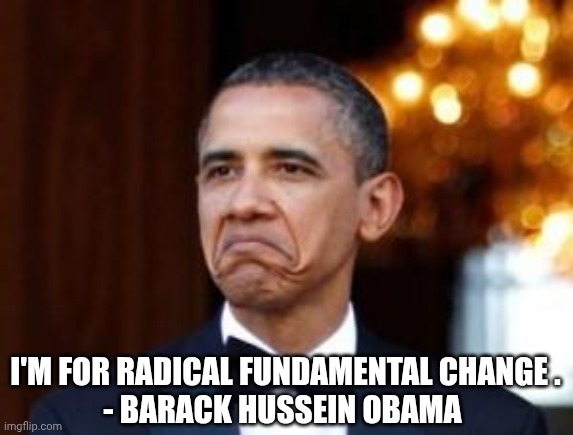 obama not bad | I'M FOR RADICAL FUNDAMENTAL CHANGE .
- BARACK HUSSEIN OBAMA | image tagged in obama not bad | made w/ Imgflip meme maker