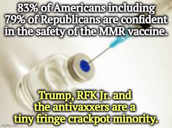 Vaccine | 83% of Americans including 79% of Republicans are confident in the safety of the MMR vaccine. Trump, RFK Jr. and 
the antivaxxers are a 
tiny fringe crackpot minority. | image tagged in vaccine,confidence,disease,anti vax,crackpot,fringe | made w/ Imgflip meme maker