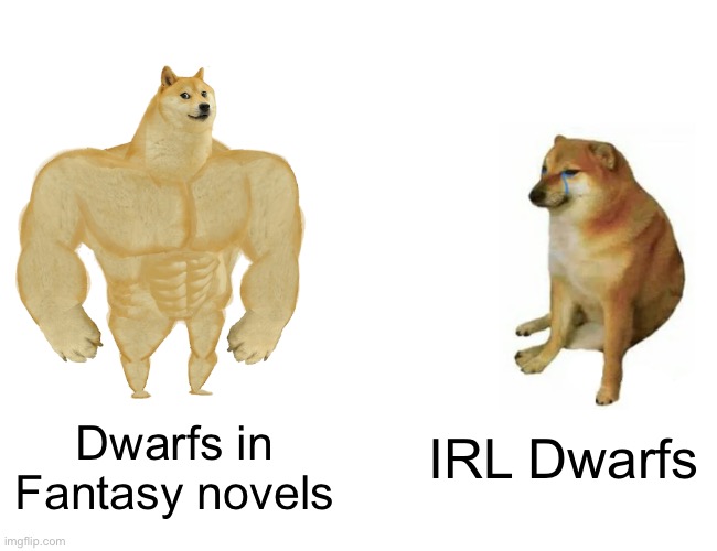 Dwarfs. | IRL Dwarfs; Dwarfs in Fantasy novels | image tagged in memes,buff doge vs cheems | made w/ Imgflip meme maker
