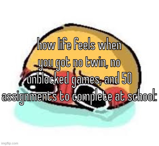 sadness and despair | how life feels when you got no twin, no unblocked games, and 50 assignments to complete at school: | image tagged in amb shamb bbbmba | made w/ Imgflip meme maker