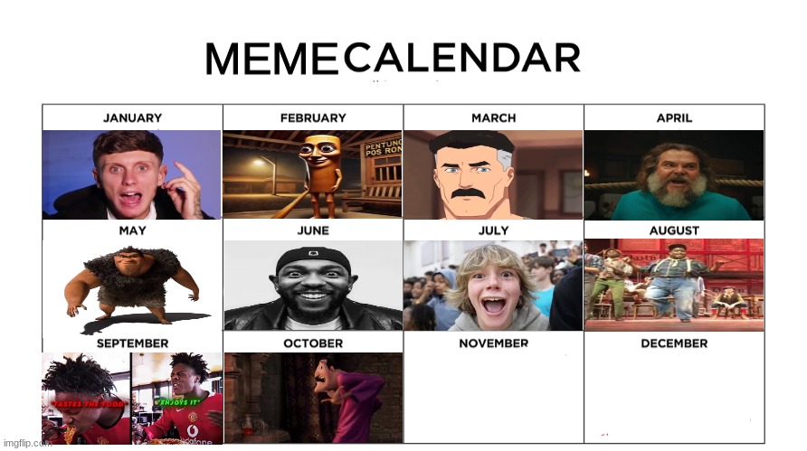 honorable mentions: chopped chin squid game gurt labubu asgore car dih totr jet2holiday dont touch my pizza obama have dih | image tagged in meme calendar | made w/ Imgflip meme maker
