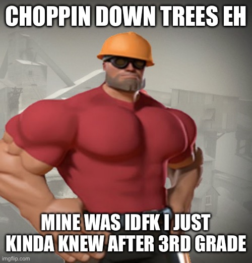 TF2 Buff Engineer | CHOPPIN DOWN TREES EH MINE WAS IDFK I JUST KINDA KNEW AFTER 3RD GRADE | image tagged in tf2 buff engineer | made w/ Imgflip meme maker
