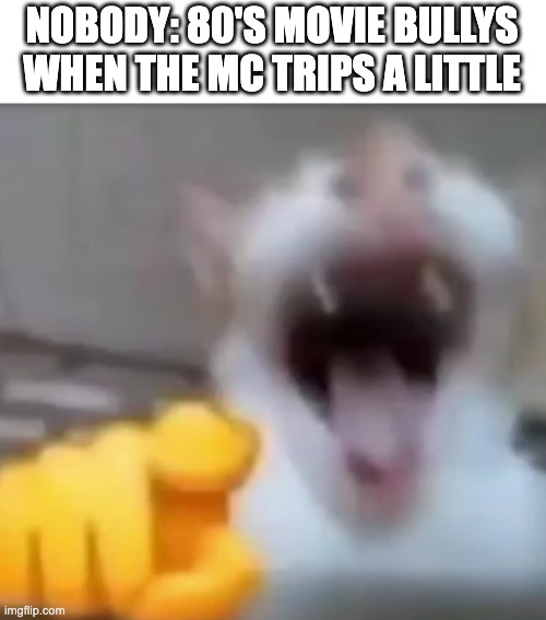 bullys in the 80's where werid | NOBODY: 80'S MOVIE BULLYS WHEN THE MC TRIPS A LITTLE | image tagged in cat pointing and laughing | made w/ Imgflip meme maker