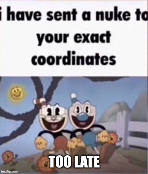 TOO LATE | image tagged in i have sent a nuke to your exact coordinates | made w/ Imgflip meme maker