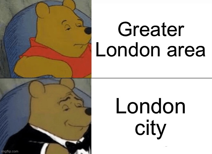 In my opinion | Greater London area; London city | image tagged in memes,tuxedo winnie the pooh | made w/ Imgflip meme maker