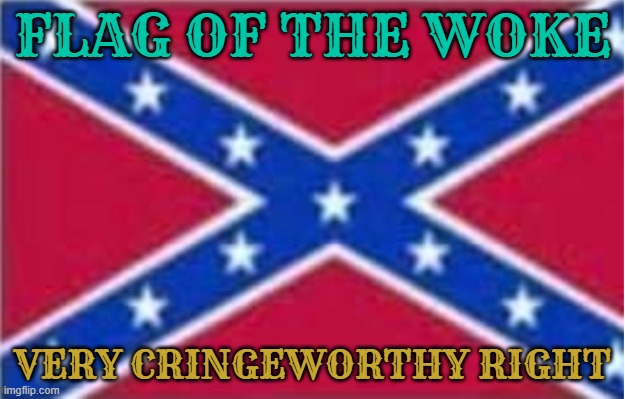 the confederate flag is the flag of the woke because the woke is also racist | FLAG OF THE WOKE; VERY CRINGEWORTHY RIGHT | image tagged in woke,cringe,confederacy,racist | made w/ Imgflip meme maker