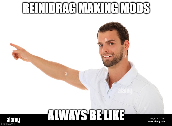 reinidrag videos be like | REINIDRAG MAKING MODS; ALWAYS BE LIKE | image tagged in pointing guy | made w/ Imgflip meme maker