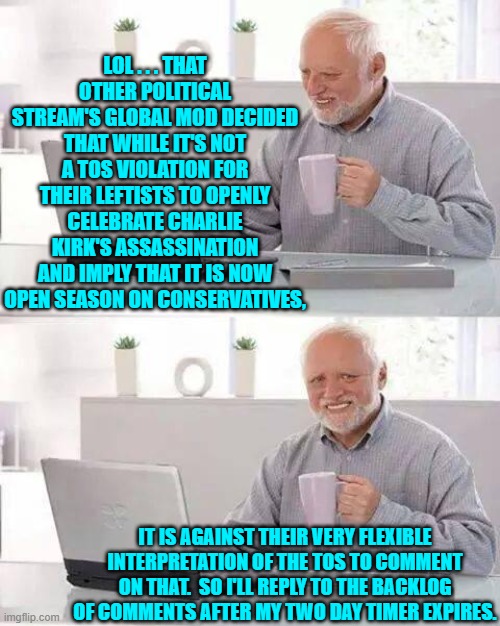 That other stream is a leftist-biased cesspit by that global mod's own volition. | LOL . . . THAT OTHER POLITICAL STREAM'S GLOBAL MOD DECIDED THAT WHILE IT'S NOT A TOS VIOLATION FOR THEIR LEFTISTS TO OPENLY CELEBRATE CHARLIE KIRK'S ASSASSINATION AND IMPLY THAT IT IS NOW OPEN SEASON ON CONSERVATIVES, IT IS AGAINST THEIR VERY FLEXIBLE INTERPRETATION OF THE TOS TO COMMENT ON THAT.  SO I'LL REPLY TO THE BACKLOG OF COMMENTS AFTER MY TWO DAY TIMER EXPIRES. | image tagged in hide the pain harold | made w/ Imgflip meme maker