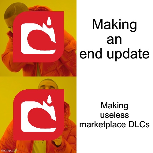 They work on the game, but the only thing that they work on is the pay to win nightmare that is the marketplace | Making an end update; Making useless marketplace DLCs | image tagged in memes,drake hotline bling,minecraft,update,mojang | made w/ Imgflip meme maker