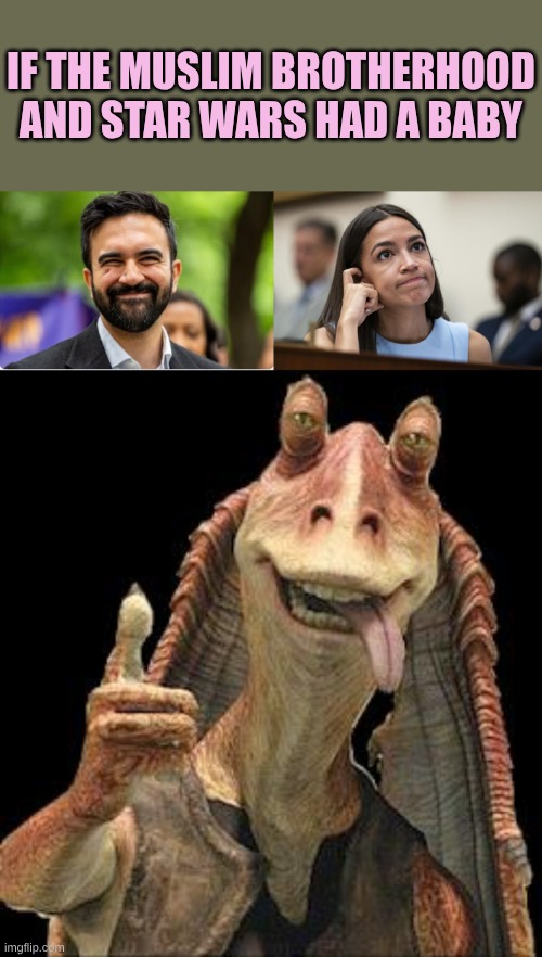 Remember. Roseanne was cancelled for hurting Demotarded people's feelings | IF THE MUSLIM BROTHERHOOD AND STAR WARS HAD A BABY | image tagged in zohran mamdani communist,aoc scratches her empty head,jar jar | made w/ Imgflip meme maker