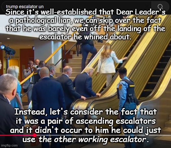 "Heavens to Derpatroyd" *OR* "Jeenyus at wirk" *OR* "This is the guy the Trump-cult insists is playing 5-d chess? Really?" | Since it's well-established that Dear Leader's
a pathological liar, we can skip over the fact
that he was barely even off the landing of the
escalator he whined about. Instead, let's consider the fact that
it was a pair of ascending escalators
and it didn't occur to him he could just
use                                             . the other working escalator | image tagged in oops,escalator,donald trump derp,just sayin' | made w/ Imgflip meme maker