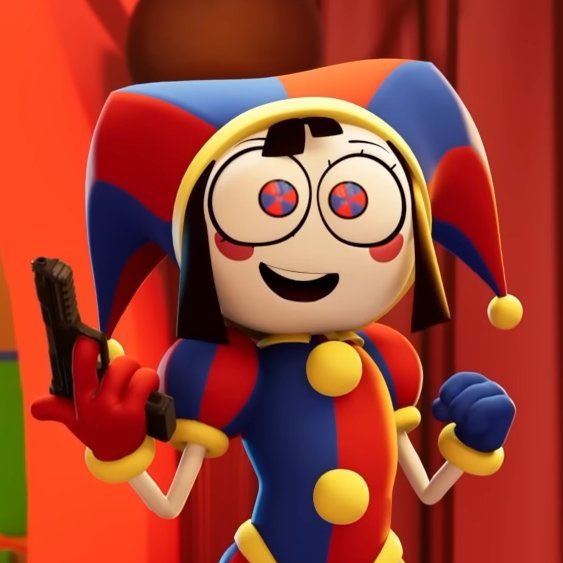 Pomni happy with a gun Blank Meme Template