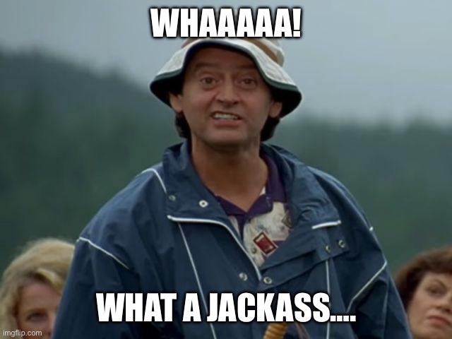 Jackass Flaherty Happy Gilmore | WHAAAAA! WHAT A JACKASS…. | image tagged in jackass flaherty happy gilmore | made w/ Imgflip meme maker