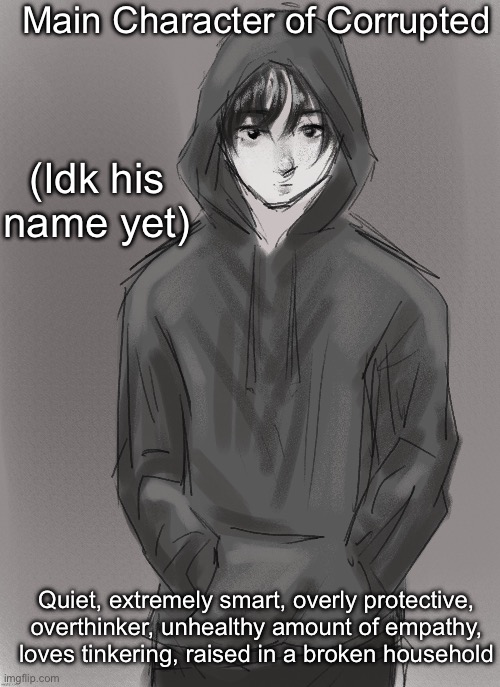 Y’all can throw some good American names in the comments | Main Character of Corrupted; (Idk his name yet); Quiet, extremely smart, overly protective, overthinker, unhealthy amount of empathy, loves tinkering, raised in a broken household | made w/ Imgflip meme maker