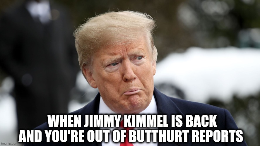 Butthurt | WHEN JIMMY KIMMEL IS BACK
AND YOU'RE OUT OF BUTTHURT REPORTS | image tagged in maga | made w/ Imgflip meme maker