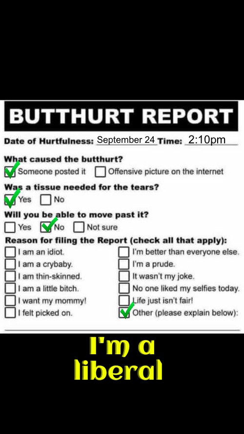 Liberal Butthurt | 2:10pm; September 24; I'm a liberal | image tagged in butthurt liberals,libtards,crybabies,liberal privilege,spoiled brat,superior royalty | made w/ Imgflip meme maker