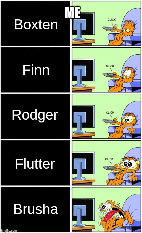Litteraly Just Me | ME; Boxten; Finn; Rodger; Flutter; Brusha | image tagged in garfield reaction | made w/ Imgflip meme maker